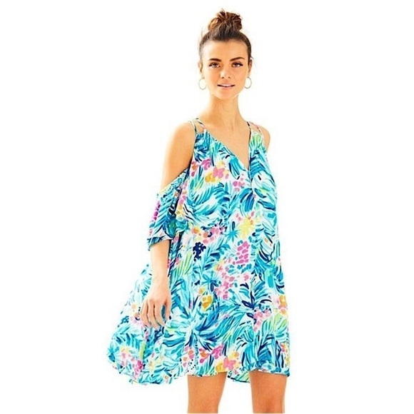 Lilly Pulitzer Bellamie Open Cold Shoulder Serene Blue Tippy Top Swing Dress XS - Picture 2 of 15